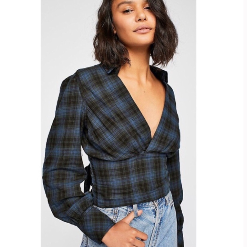 Free People Plaid V-Neck Tie Shadow Wind Wrap Top